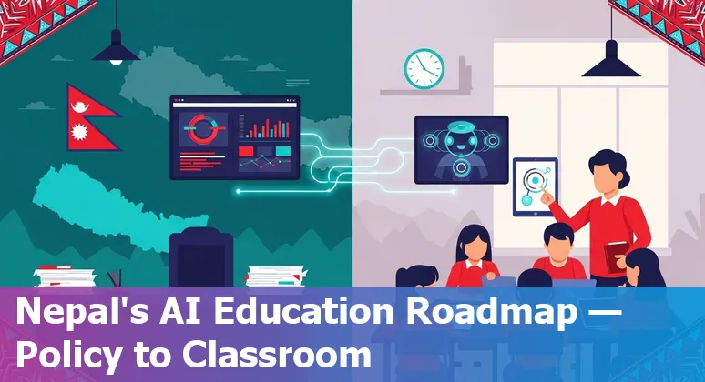 Illustration of AI in Nepal classrooms 2025 with students, teachers, and digital learning tools in Nepal