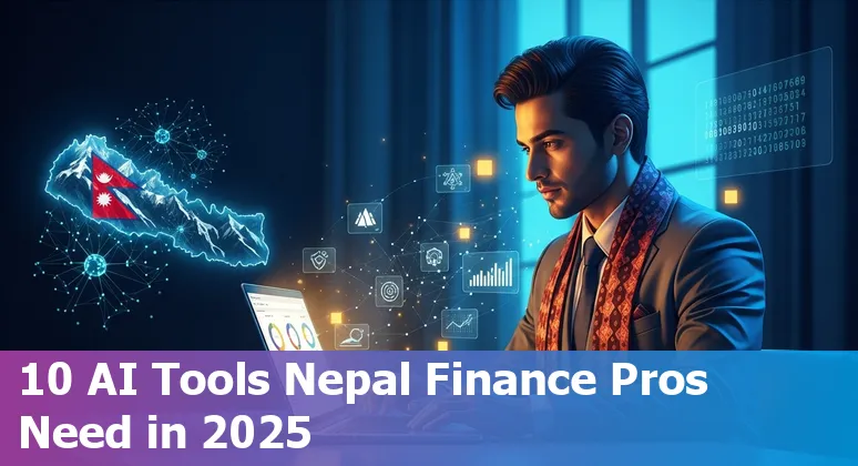 Collage of AI finance tool logos (Anaplan, BlackLine, HighRadius, AppZen, Vic.ai, DataRobot, Prezent, QuickBooks, NetSuite, UiPath) over Nepal map