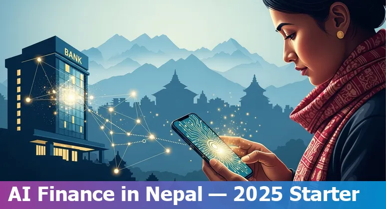 Graphic showing AI in Nepal's financial services: chatbot, bank building, biometric lock and Nepal map