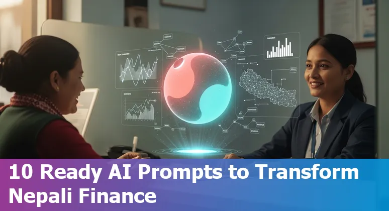 Graphic showing AI prompts applied to Nepalese banking: chatbots, fraud detection, forecasting and collections charts