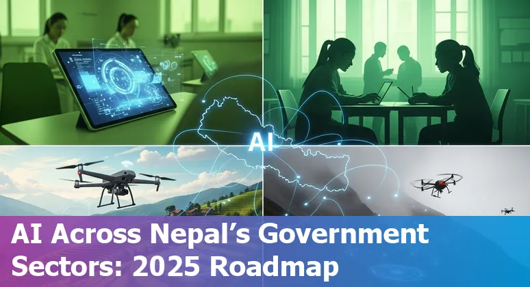 Illustration of AI in Nepal government services with Kathmandu skyline and policy documents