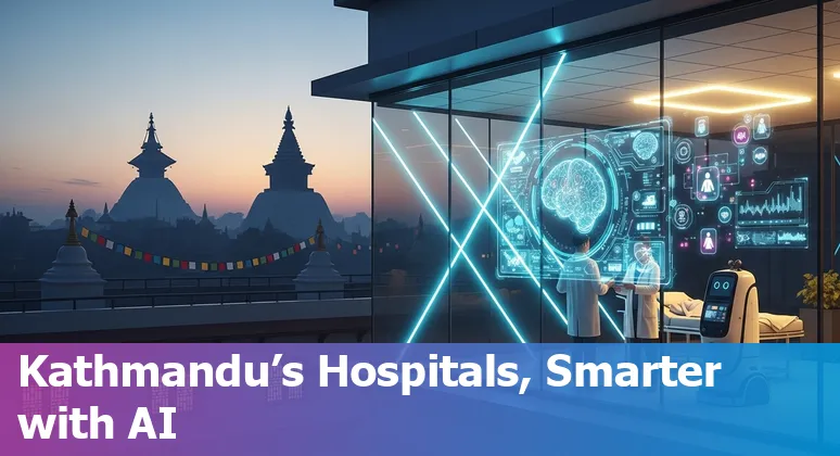 Illustration of AI in healthcare with Nepal map and hospital icons, showing AI policy and 2025 health tech in Nepal