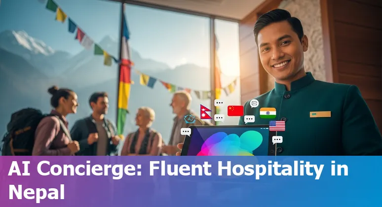 Nepali hotel using AI: virtual concierge on tablet with Kathmandu skyline in the background