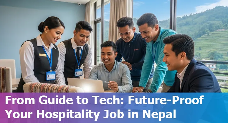 Nepal hotel front desk with staff, AI kiosk and robotic service illustrating hospitality jobs at risk from AI