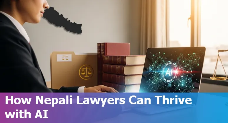 Illustration of AI assisting lawyers in Nepal with a laptop, court gavel, and Nepali flag