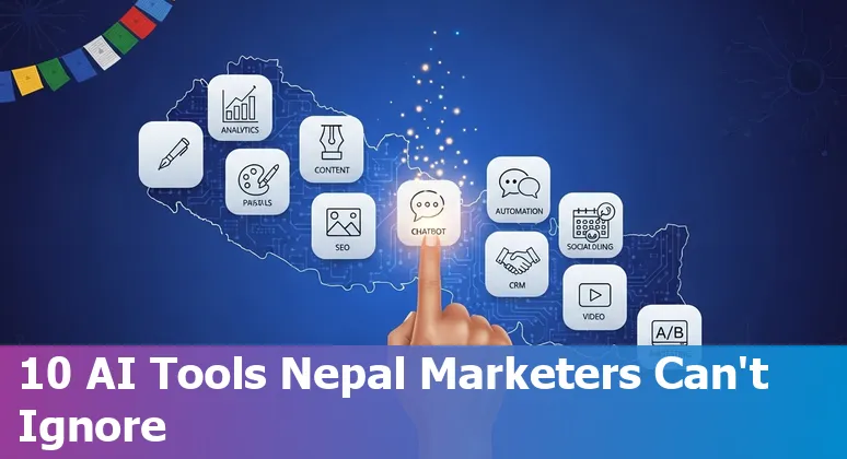 Collage of AI marketing tool icons—ChatGPT, DALL·E 3, Midjourney, Synthesia, SEMrush—used by marketing professionals in Nepal 2025.