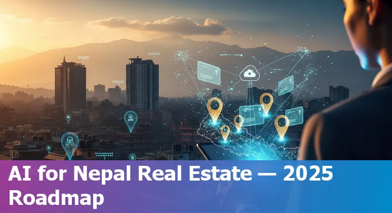 Graphic showing AI applications in Nepal real estate 2025: AVMs, chatbots, virtual tours, drones and smart contracts in Nepal