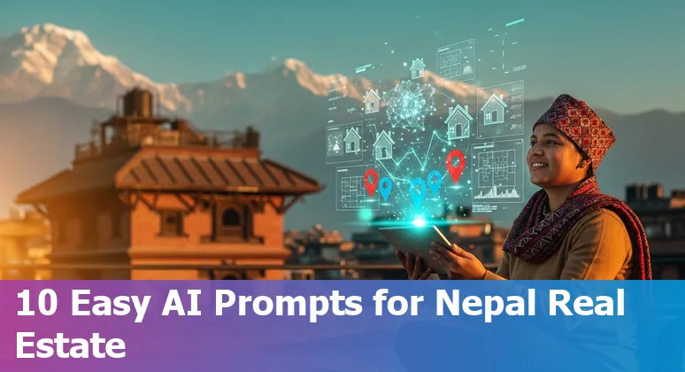 Illustration of AI-powered real estate tools—virtual staging, valuation charts, and chatbot in Nepal context