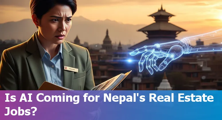 Nepali real estate agent using a laptop with AI icons floating above and the Kathmandu skyline in the background.
