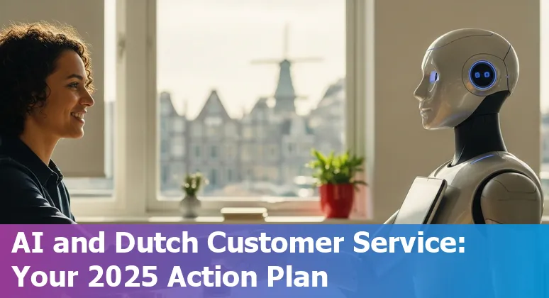 Customer service agent with AI chatbot overlay in a Netherlands office, 2025