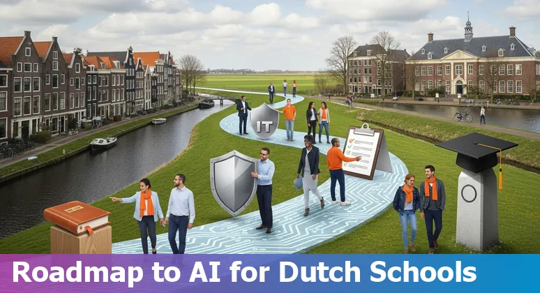 Illustration of AI in education in the Netherlands 2025: students and teachers using AI tools on campus in the Netherlands