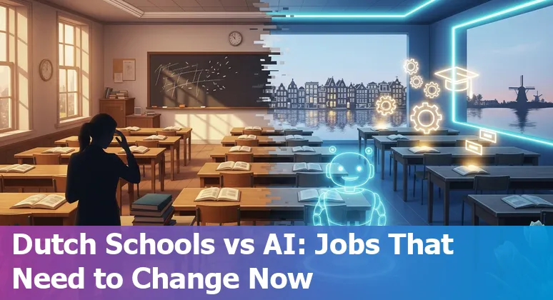 Illustration of Dutch education roles (administrator, grader, curriculum developer, tutor, teaching assistant) alongside AI tools