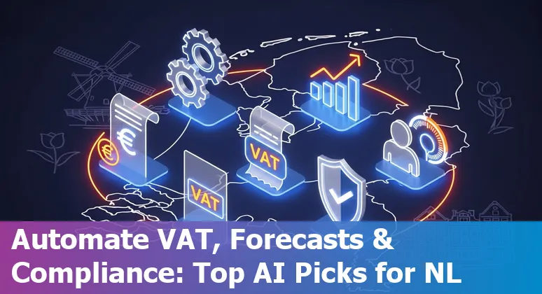 Illustration showing AI tools for finance professionals in the Netherlands—VAT, forecasting, credit decisions and compliance icons over a Dutch map.