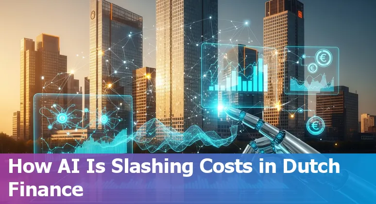 Graphic showing AI-driven cost savings for financial services in the Netherlands, with charts and automation icons representing the Netherlands