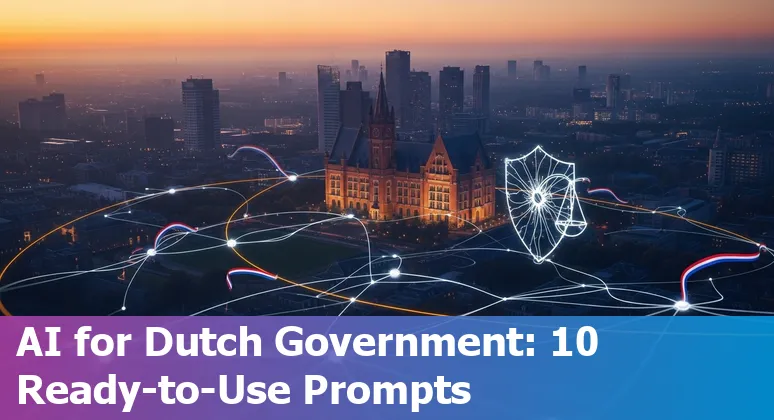 Illustration showing Dutch government AI use cases and top 10 prompts with legal icons for GDPR and EU AI Act