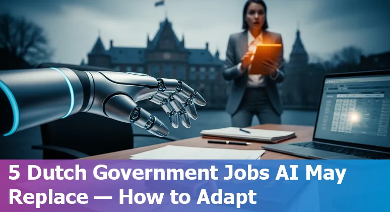 Illustration showing five Dutch government job roles at risk from AI with training and governance symbols