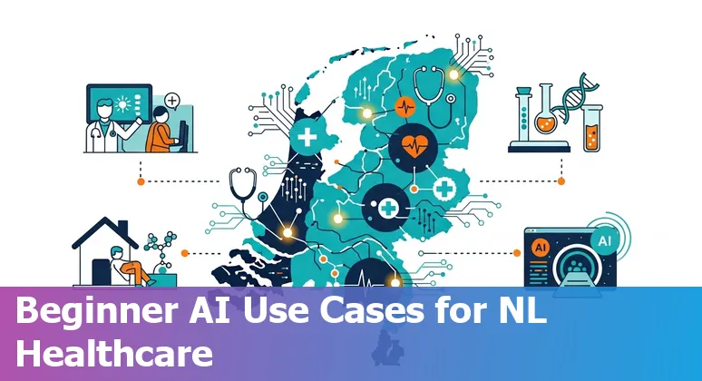 Illustration of AI in Dutch healthcare: hospital, radiology images, robots, and GDPR shield.