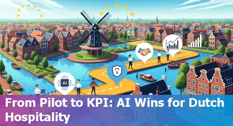 Illustration of AI tools in a Dutch hotel lobby, Netherlands 2025