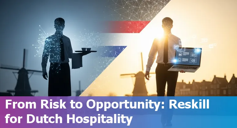 Hotel front desk with a digital check-in kiosk and staff using AI tools in the Netherlands
