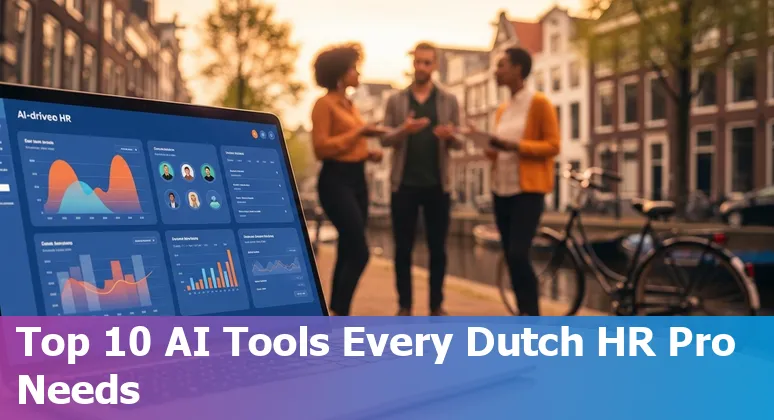 HR professional in the Netherlands reviewing AI tool dashboards with Amsterdam skyline and Dutch flag in background.