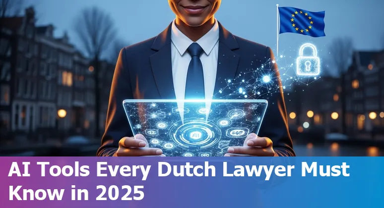Collage of AI symbols, law books and the Dutch flag representing AI tools for legal professionals in the Netherlands