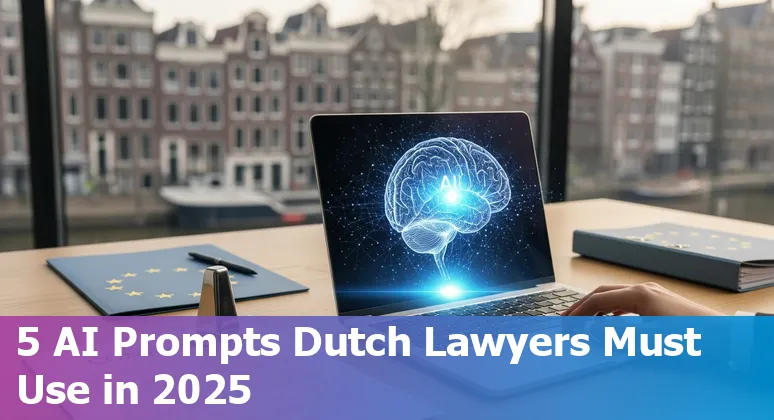 Dutch legal professional using AI prompts on laptop with law books and Netherlands flag in background