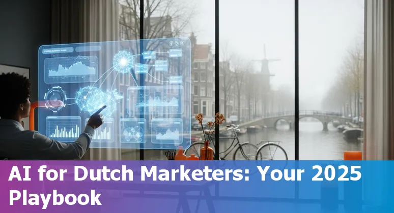 Marketing professional using AI tools on a laptop in the Netherlands, 2025 — analytics dashboard and generative media visible