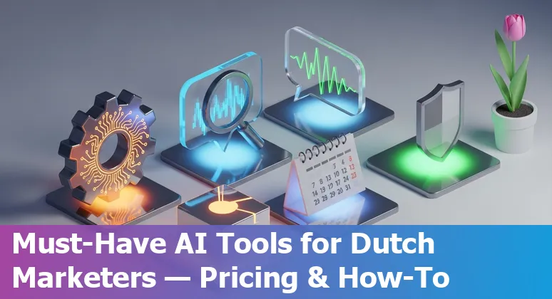 Collage of AI tool logos (ChatGPT, Gemini, Jasper, Midjourney, DALL·E, Surfer SEO, HubSpot, Hootsuite, Runway ML, Mutiny) for Dutch marketers 2025