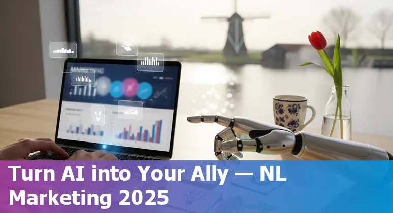 Marketers in the Netherlands using AI tools at a desk, 2025 — illustrating Dutch marketing and AI adoption.