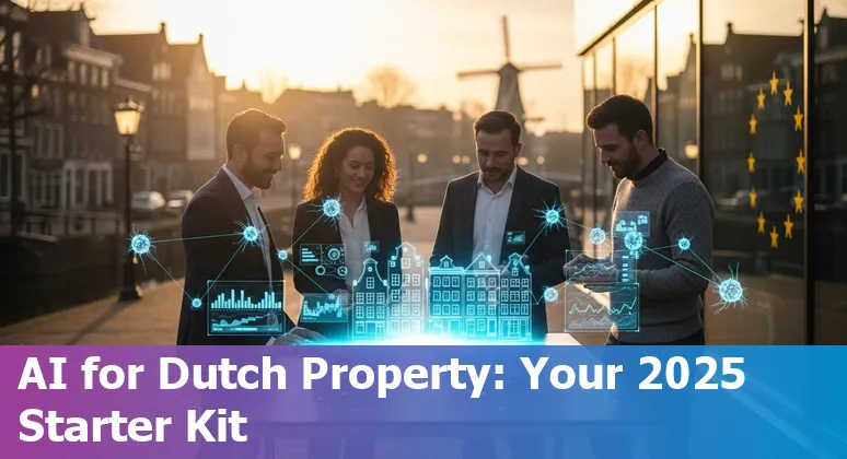 Illustration of AI applied to Netherlands real estate 2025: Dutch skyline, data charts and policy icons