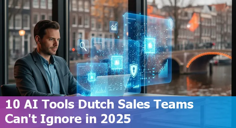 Dutch sales professional using AI tools (6sense, Gong, ChatGPT) on a laptop with Amsterdam skyline in background.