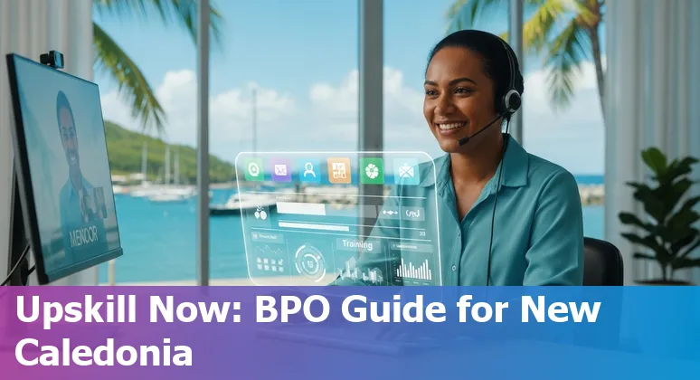 Customer service agent using AI tools with New Caledonia cityscape in background