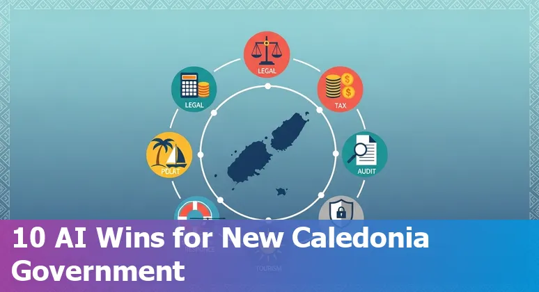 Illustration of AI use cases for New Caledonia government: chatbot, legal drafting, tourism, finance, and emergency response.