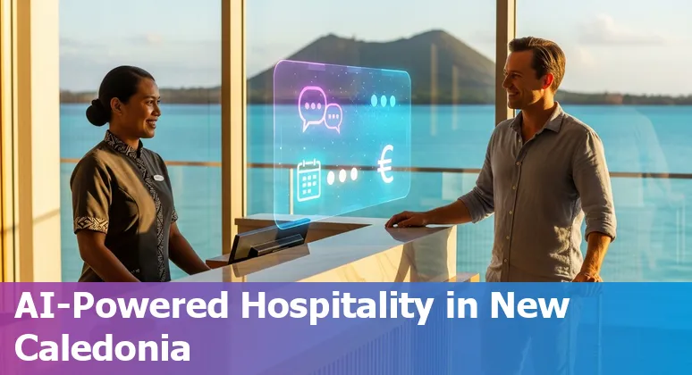 Hotel receptionist tablet showing AI-powered guest messaging and island view of Nouméa, New Caledonia
