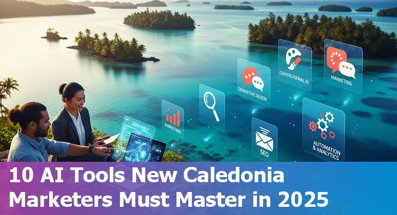 Collage of AI marketing tool logos (ChatGPT, Jasper, Canva, HubSpot, Surfer SEO, Midjourney, Klaviyo, Pencil, Levity, Seventh Sense) over a New Caledonia map
