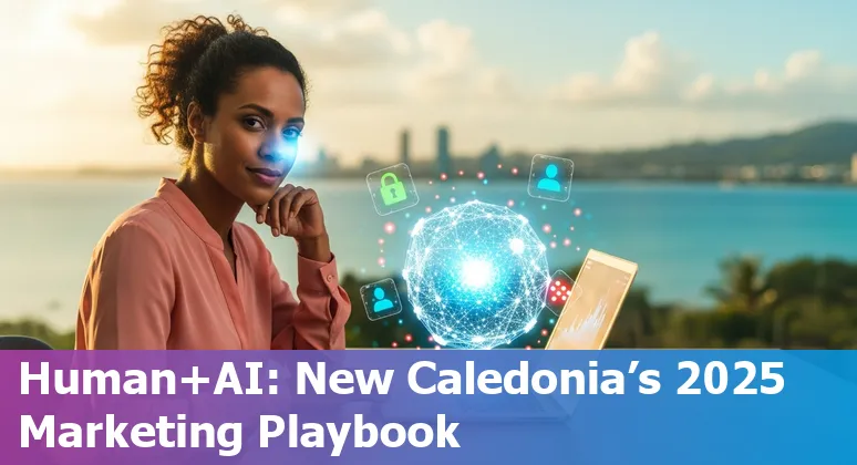 Marketer using AI tools on a laptop with Nouméa skyline — Will AI replace marketing jobs in New Caledonia?