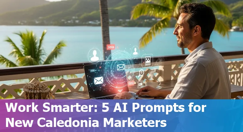 Marketer in Nouméa using laptop with AI prompts for localized bilingual marketing in New Caledonia