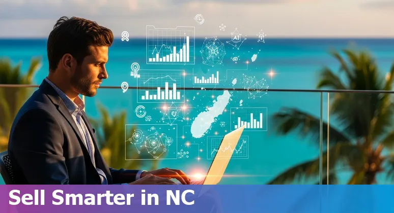 Sales professional in New Caledonia using AI prompts on a laptop with Nouméa skyline in the background