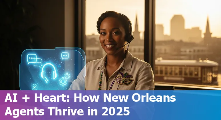 Customer service worker using AI tools with New Orleans skyline in background, Louisiana, 2025