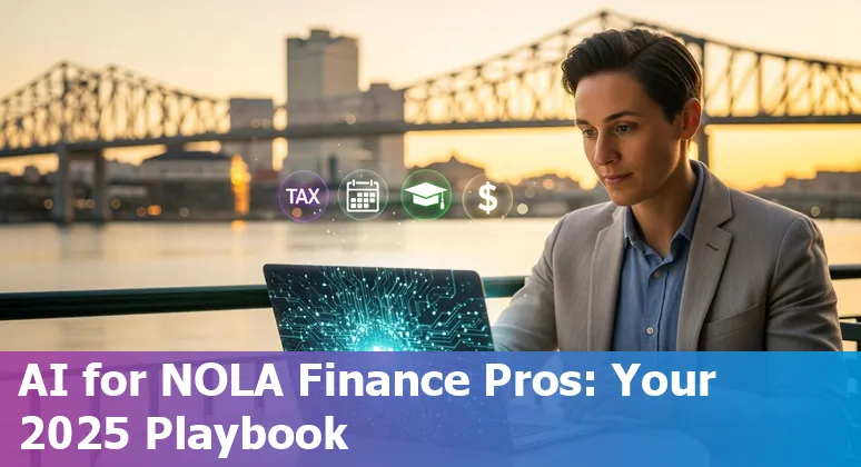 Finance professional using AI tools at a conference in New Orleans, Louisiana in 2025, with the New Orleans skyline in the background