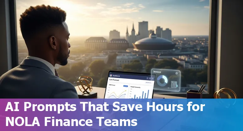 Finance professional using AI prompts on laptop with New Orleans skyline and a financial dashboard overlay.