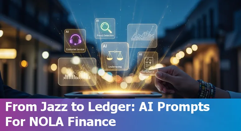 New Orleans skyline with fintech icons showing AI use cases like chatbots, fraud detection, and analytics.