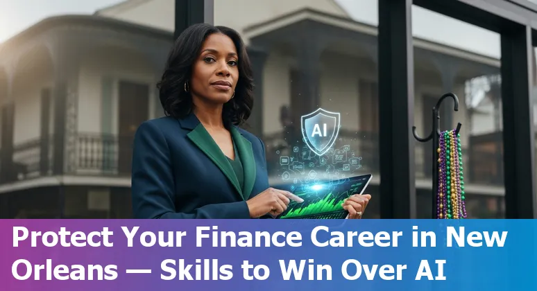 New Orleans bank interior with teller counter, overlaid icons for AI, data and training courses.