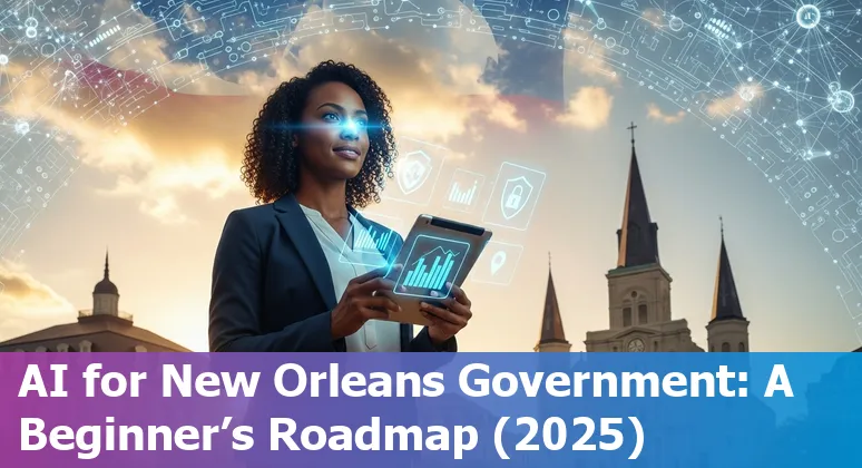 Illustration of AI adoption for New Orleans, Louisiana government with GSX 2025 and deepfake security icons