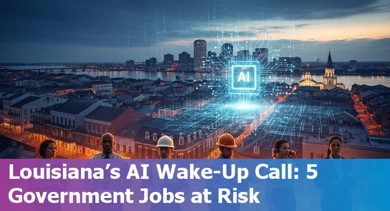 New Orleans skyline with levees, code overlay, and government worker icons representing jobs at risk from AI.