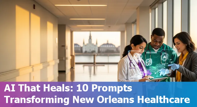 Healthcare worker using AI tools on a tablet in a New Orleans clinic with a city skyline backdrop