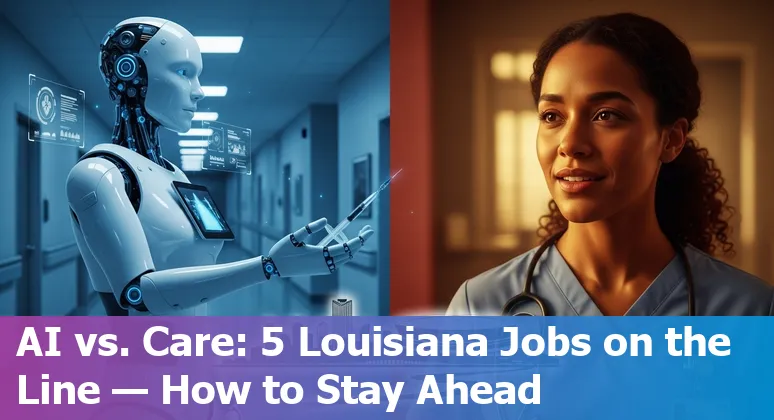 Healthcare worker using AI tools alongside hospital staff in New Orleans with the Ernest N. Morial Convention Center skyline.