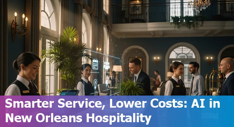 Hotel front desk with AI kiosk and New Orleans skyline, showing AI improving hospitality efficiency in Louisiana, US