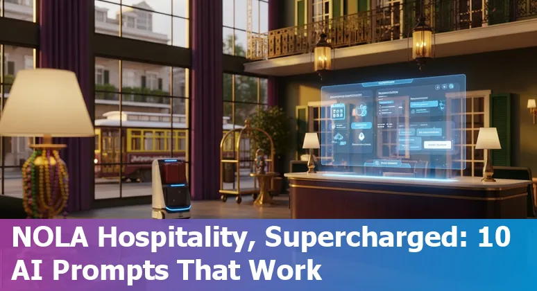 Hotel front desk phone and New Orleans street scene with AI icons overlay