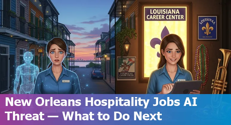 Hotel front desk in New Orleans with a self-service kiosk and staff training on a tablet